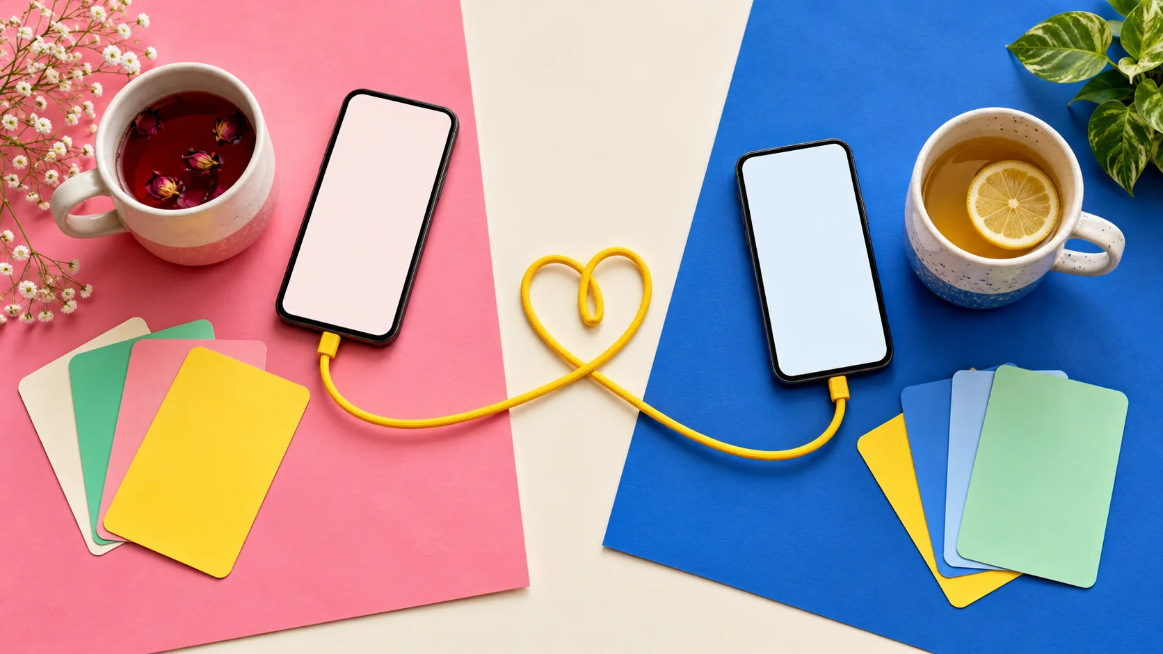 Two phones and cups of tea on pink and blue blocks, linked by a yellow cord for a long-distance game night.