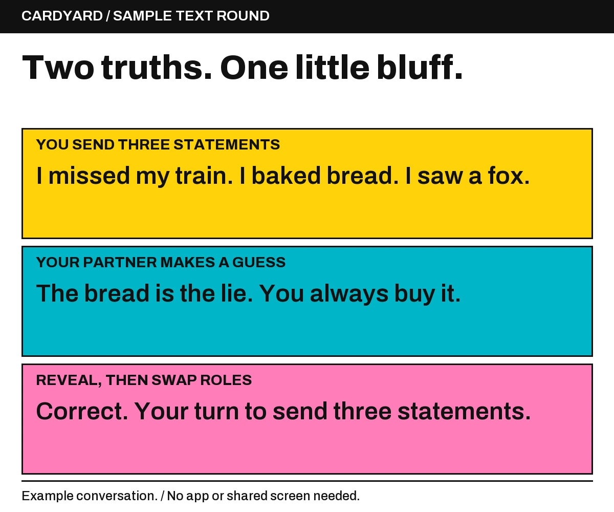 Sample Two Truths and a Lie text exchange: send three statements, let your partner guess the lie, reveal the answer and swap roles.
