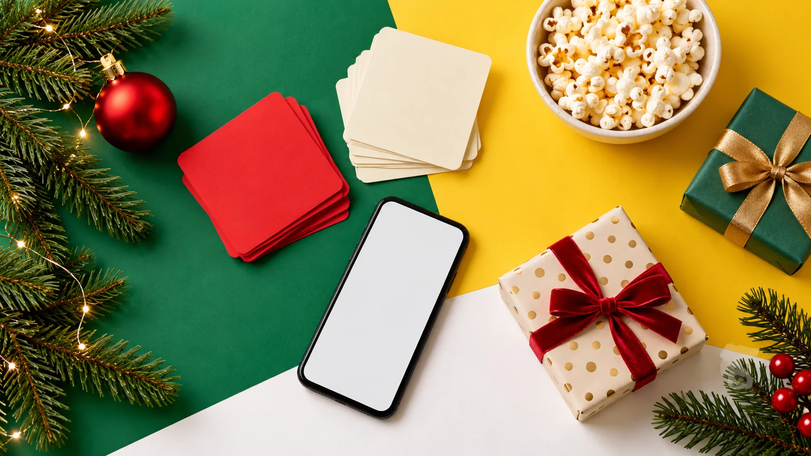 Wrapped gifts, colorful cards and a phone on a green and yellow Christmas party table.