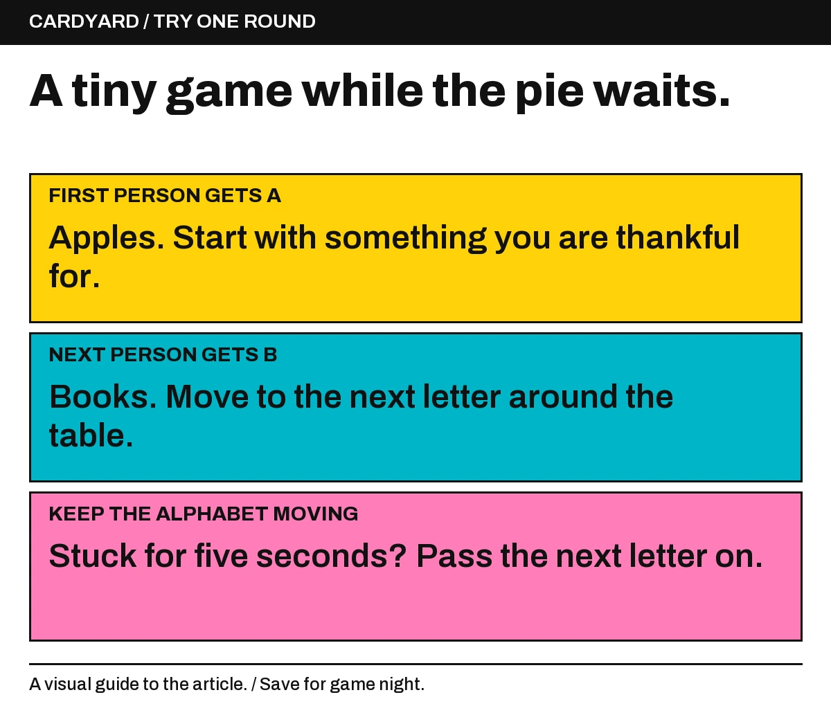 First person gets A: Apples. Start with something you are thankful for.; Next person gets B: Books. Move to the next letter around the table.; Keep the alphabet moving: Stuck for five seconds? Pass the next letter on..
