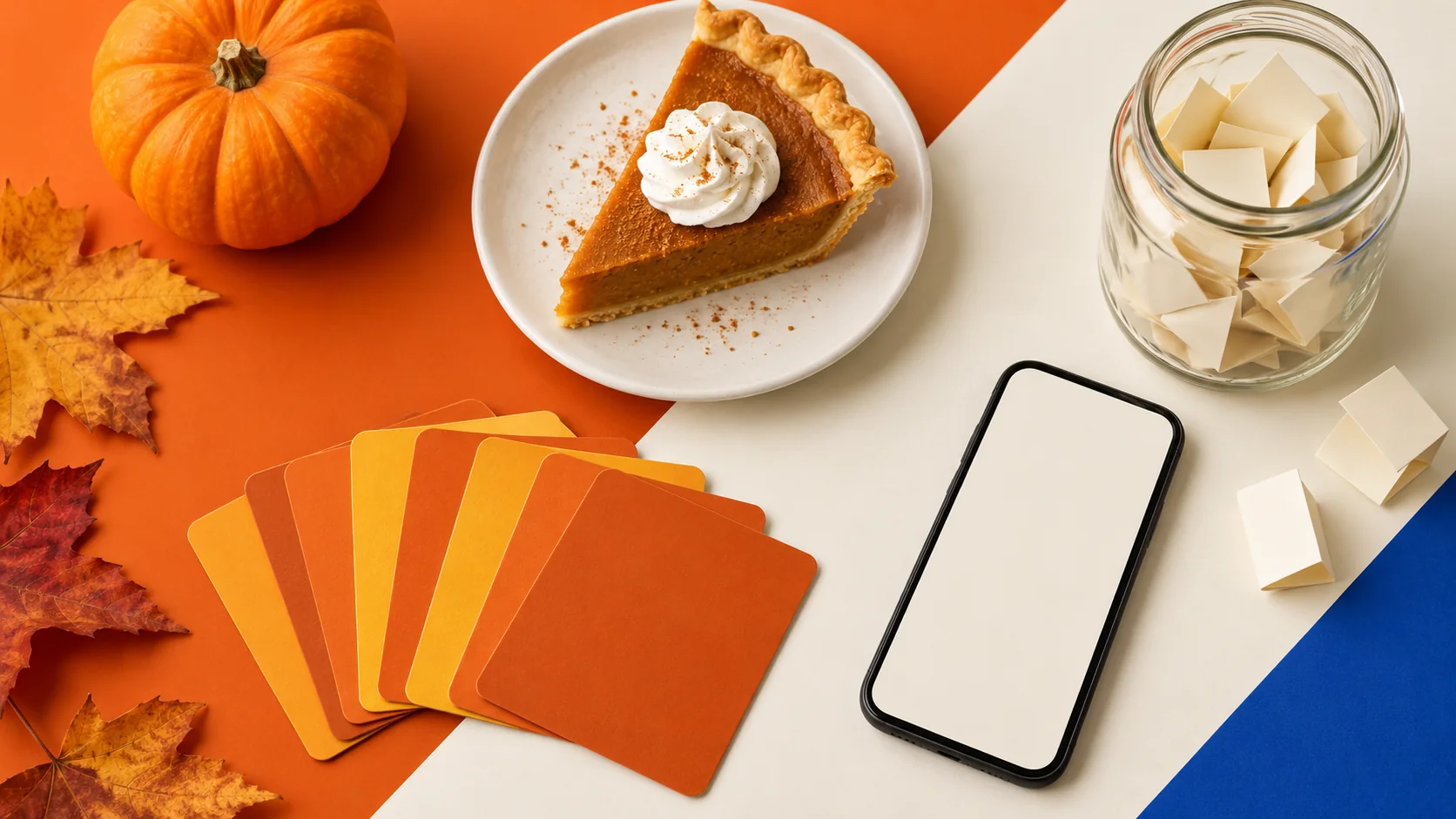Pumpkins, a slice of pie and blank game cards arranged on an orange and cream Thanksgiving table.