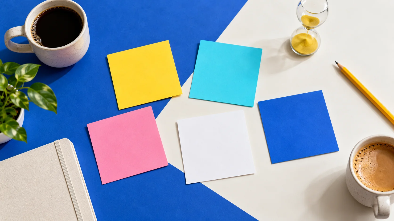 Colorful blank note cards, coffee cups and a small timer arranged on a clean work-meeting table.