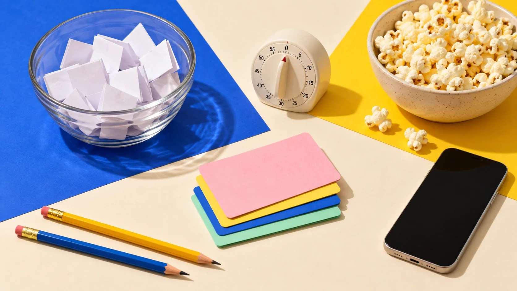 A bowl of folded paper slips, timer, popcorn, blank colored cards, pencils and a phone on a blue and yellow table.