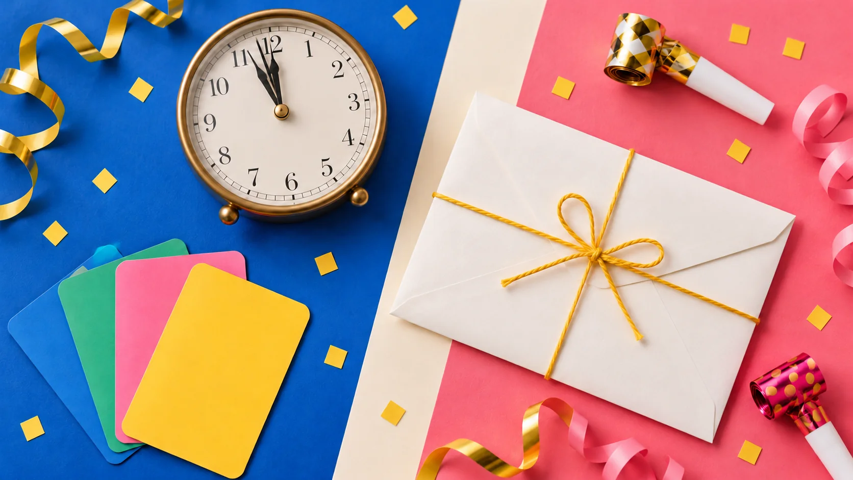 A small analog clock near midnight, party streamers, blank cards and a sealed envelope on a colorful table.