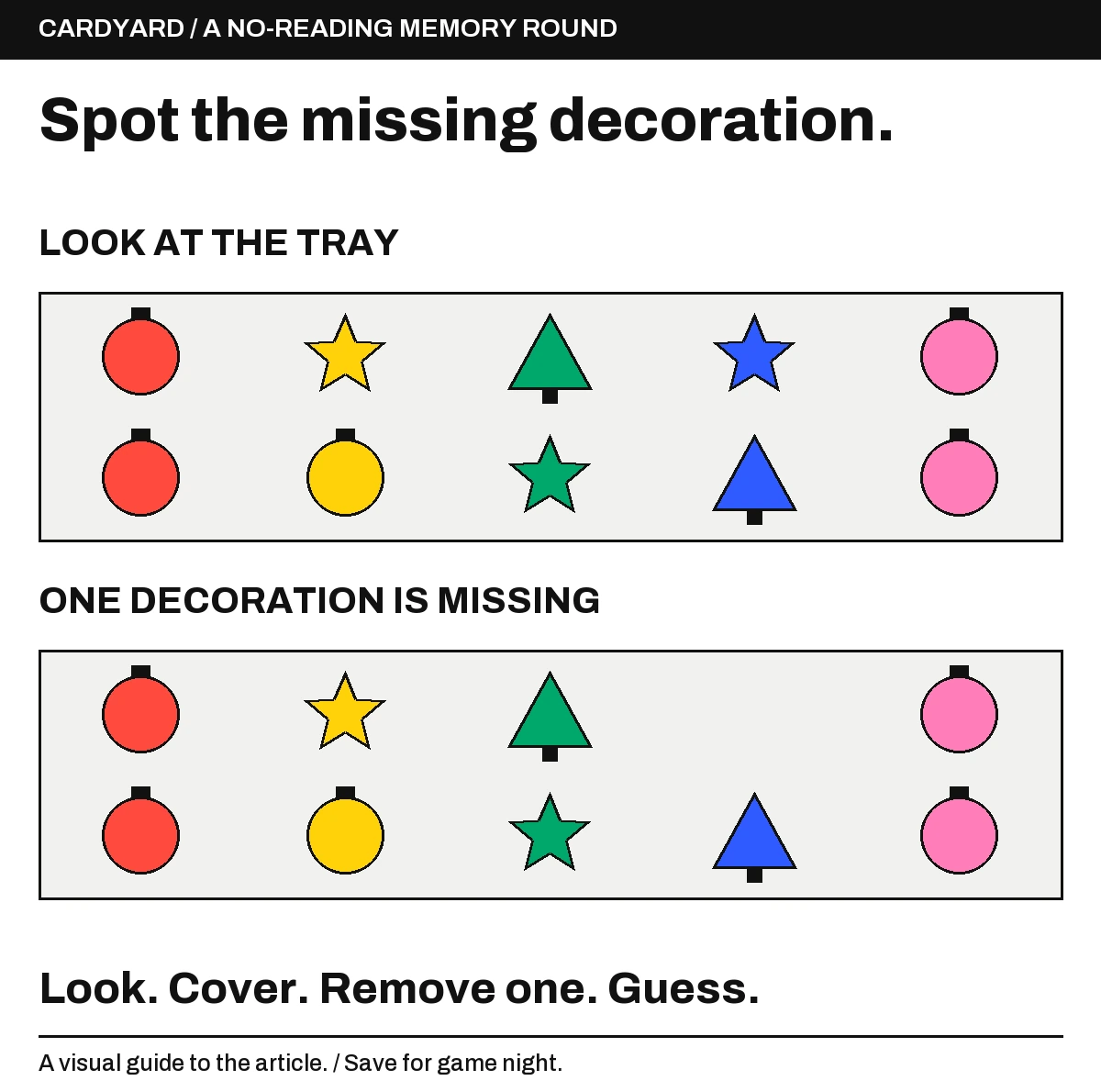 Memory-game example: a tray of ten colorful baubles, stars and trees, followed by the same tray with the blue star removed.