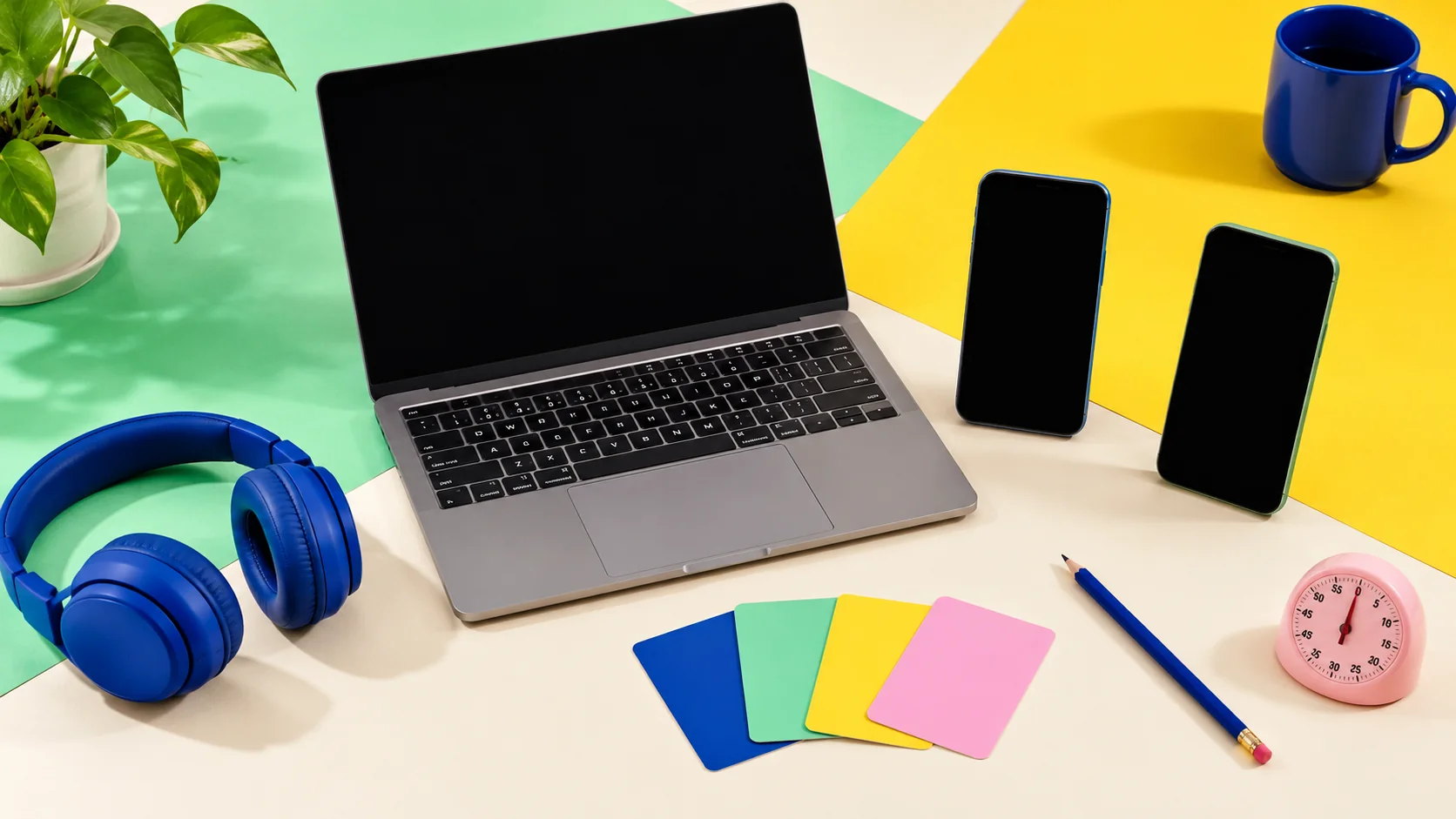 A laptop, two phones, blue headphones and blank game cards on mint-green, yellow and cream paper blocks.