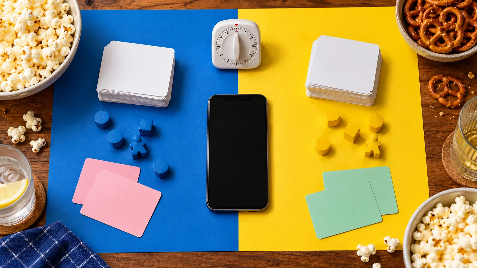 Two bold team-color zones, a central phone, blank game cards and party snacks on a large tabletop.