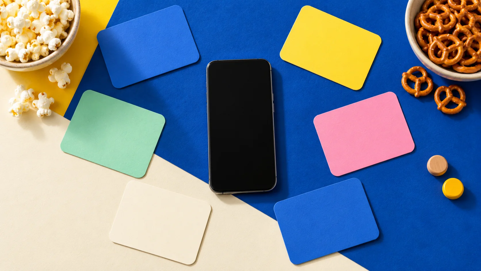 One unbranded phone centered inside a ring of colorful blank cards and small bowls of snacks.