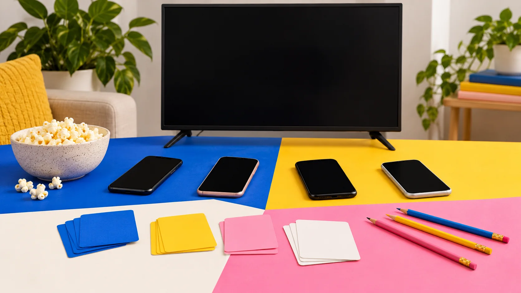 A blank television and small phones on blue, yellow and pink paper blocks, with colored pencils and blank game cards.