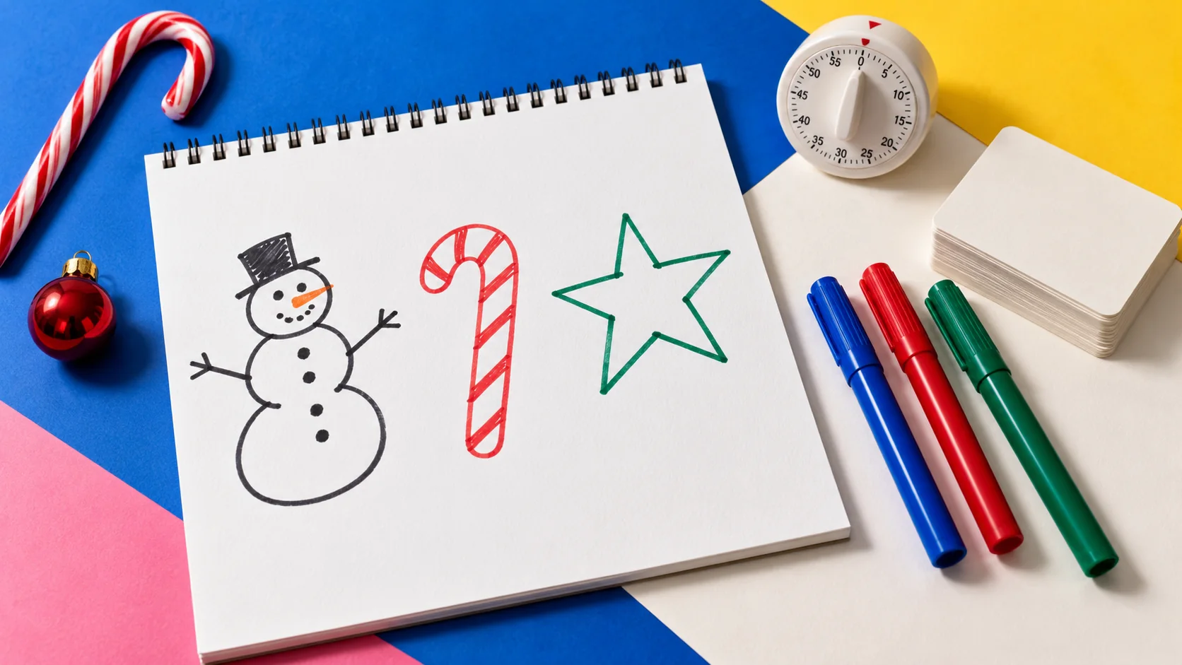 An open sketchpad with snowman, candy cane and star doodles, beside markers, a timer and blank cards on a colorful table.