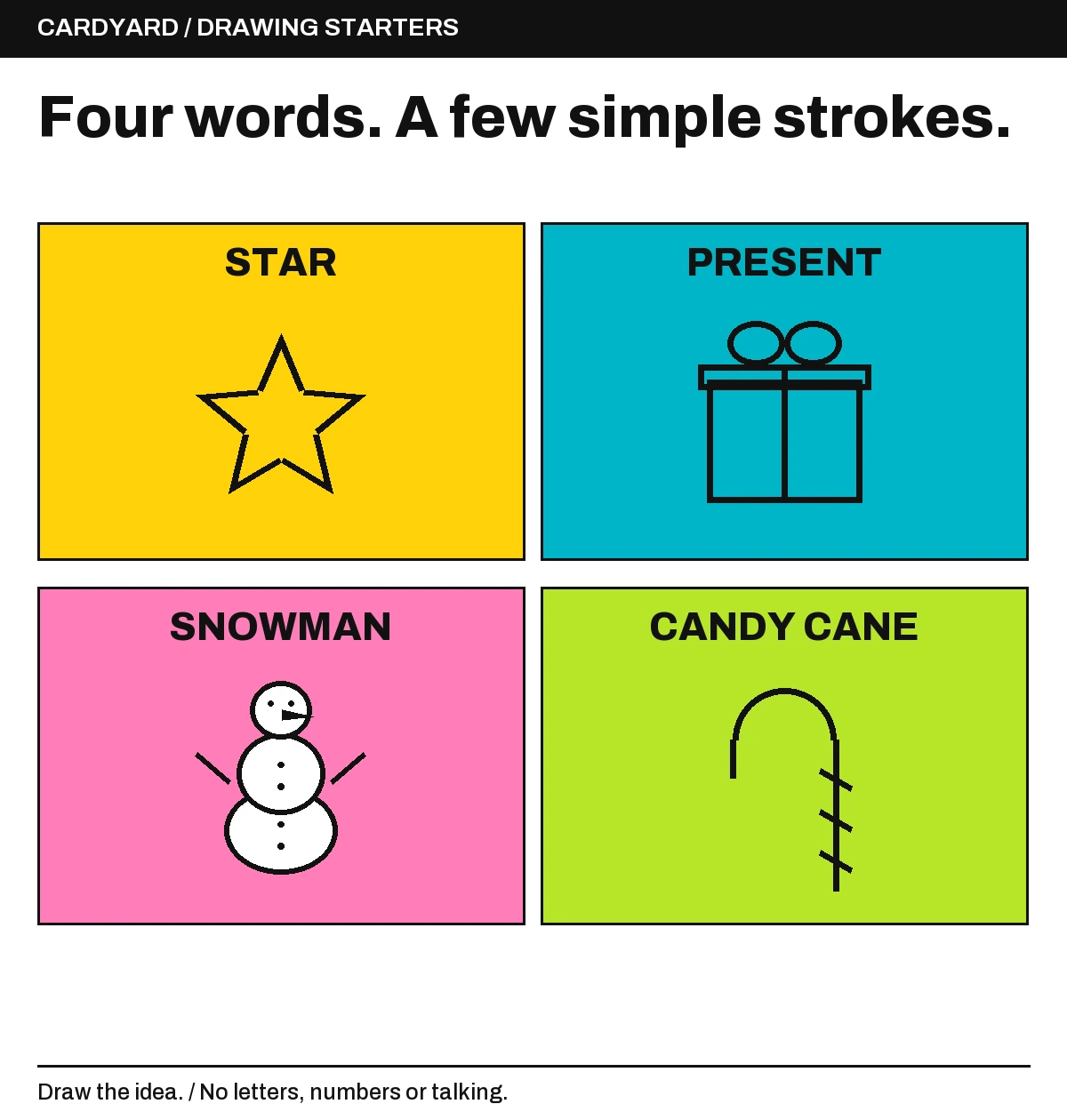 Four simple drawing examples from the easy list: a five-point star, a present with a bow, a snowman made of circles, and a striped candy cane.