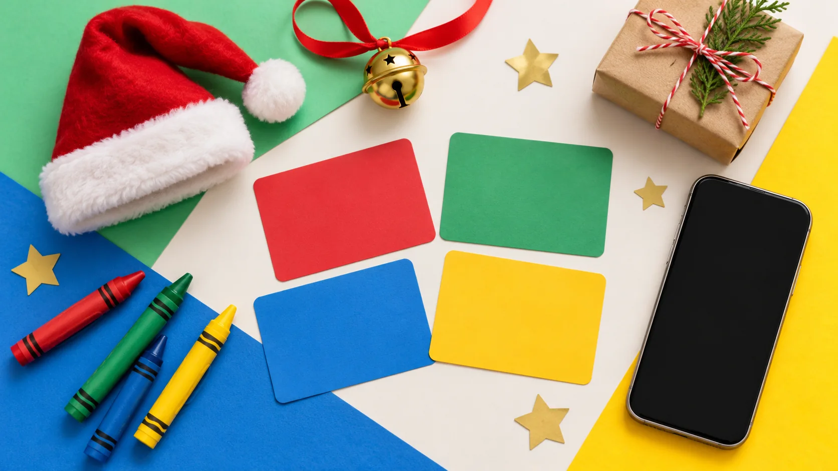 Santa hat, bell, crayons, blank game cards and one phone on a colorful Christmas activity table.
