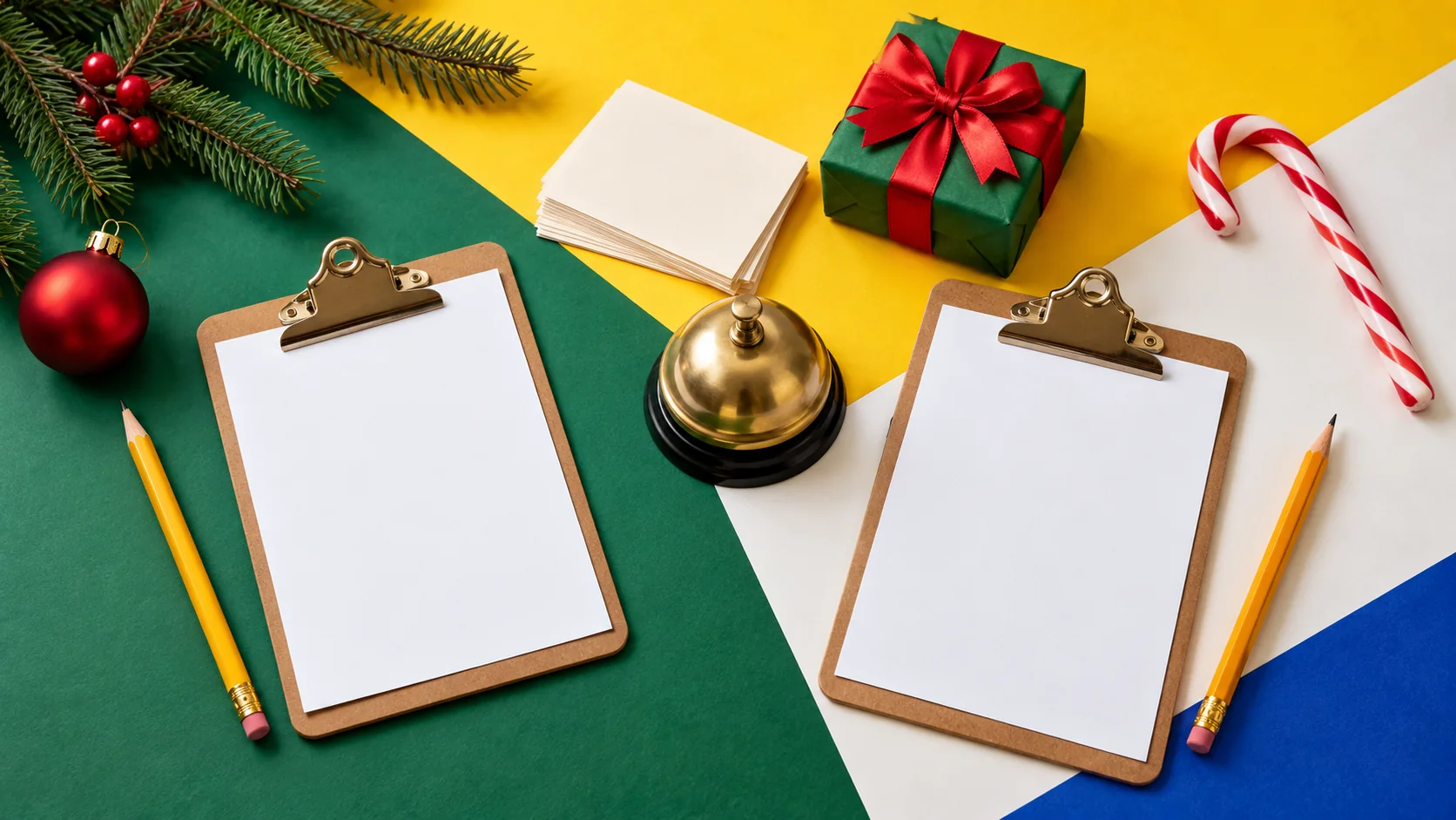 Two blank answer sheets on clipboards beside pencils, a quiz bell, question cards and Christmas decorations.