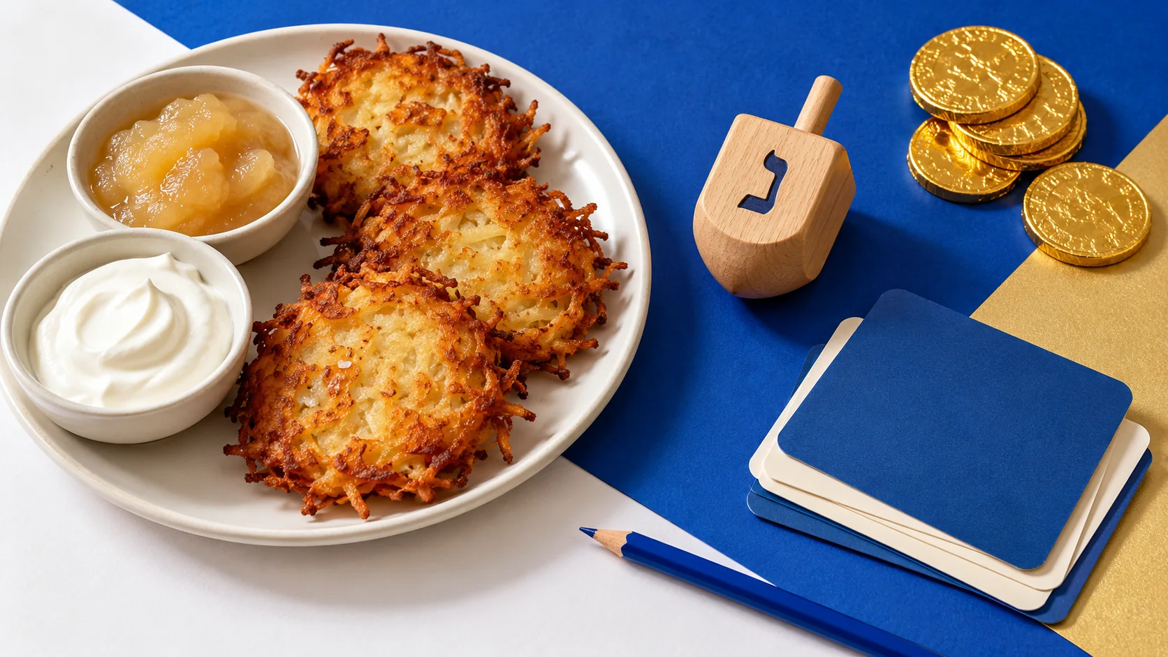 Wooden dreidel, gold-wrapped gelt, latkes and blank blue cards on a blue and white table.