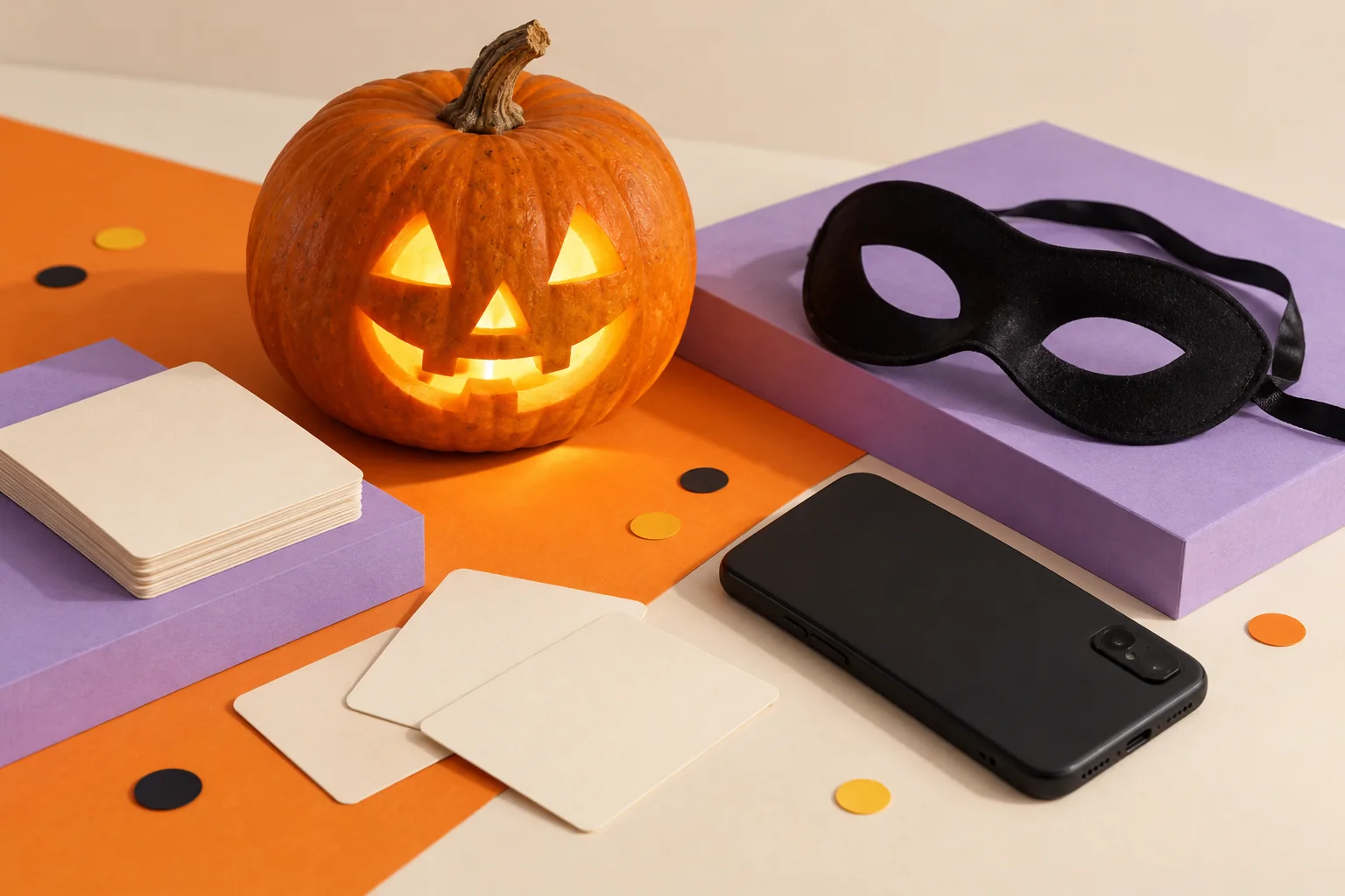 A glowing pumpkin, black costume mask, face-down phone and blank game cards on orange and purple blocks for Halloween game night.